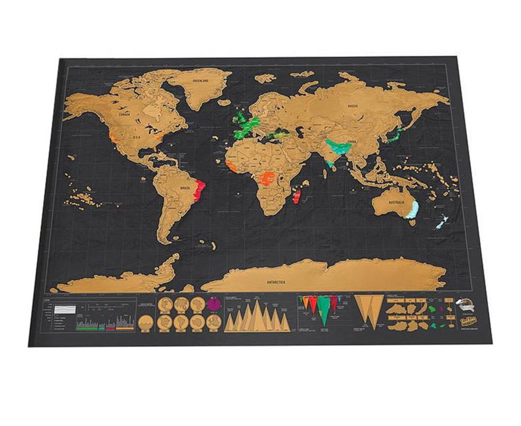 Keep track of your travels and inspire your next adventure with the Scratch Off World Map. Printed with fine paper and laminated with a gloss coating, the World Scratch Off Map works exactly like a scratch card, once the gold scratch is removed it reveals the world mapping underneath. 